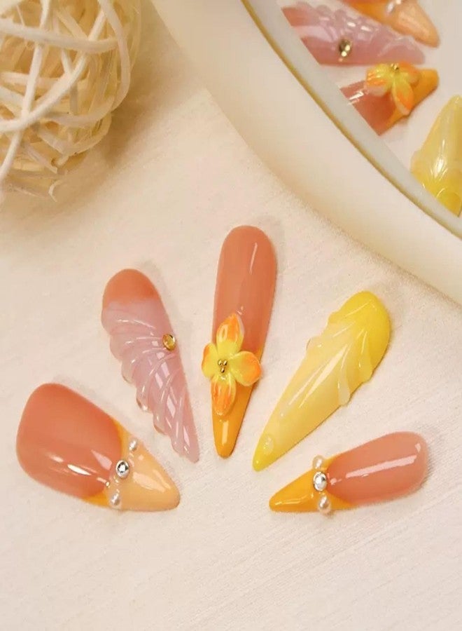 Maigitur 100% 5D Handmade Press on Nails with Charms Long Stiletto Nails Press ons- Water Ripple False Nails Ombre Orange Yellow Press on Nails Summer Fake Nails for Women Girls Daily Wear DIY Manicure Size M - Image 2
